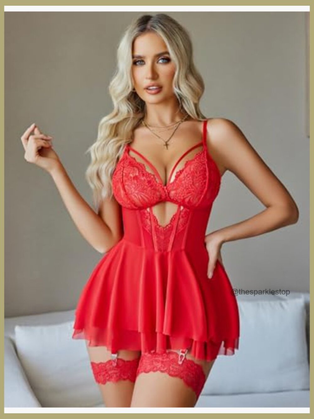 Lace Babydoll Chemise with Garter Belt, 90% Nylon 10% Spandex - Picture 2 of 7